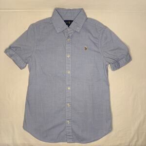 NWOT Ralph Lauren Button Down Shirt Girls 12 Blue Puff Sleeve Polo Logo Preppy